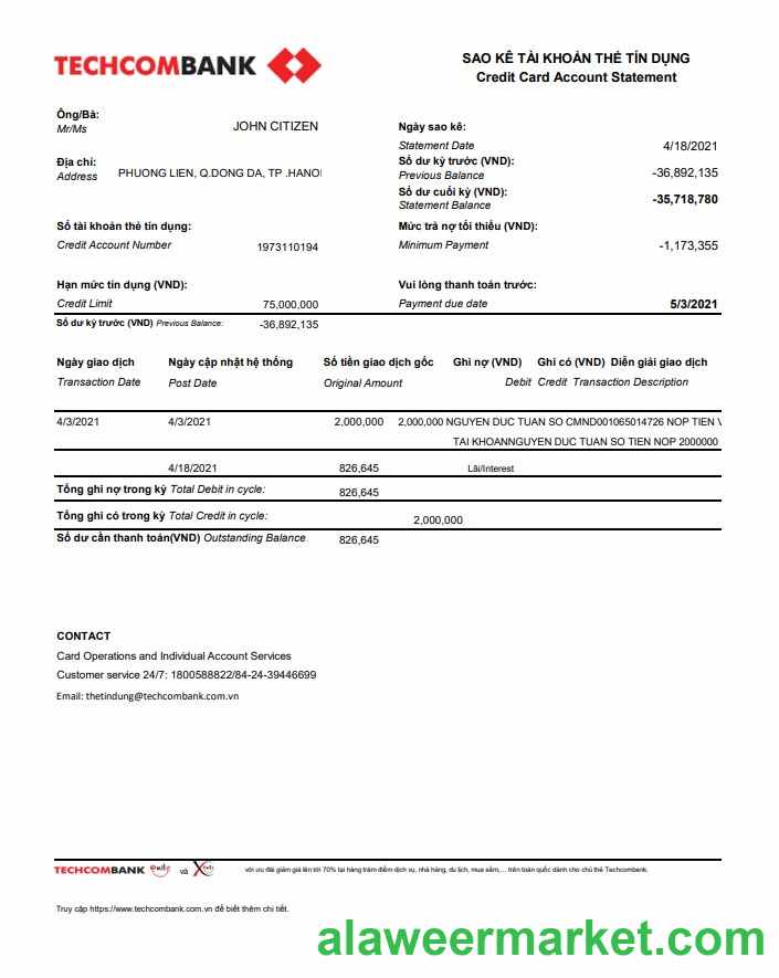 Vietnam Techcombank excel pdf